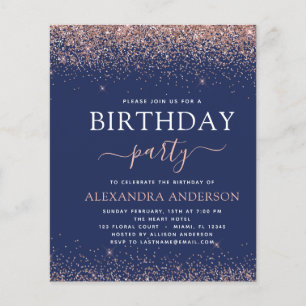 Budget Navy Blue Birthday Rose Gold Pink Glitzer Flyer