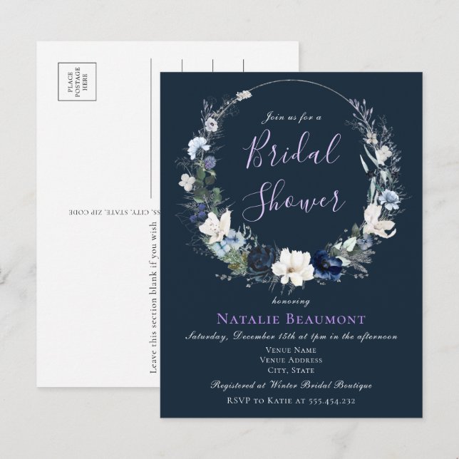Budget Navy Blue Botanical Floral Brautparty Einladungspostkarte (Vorne/Hinten)