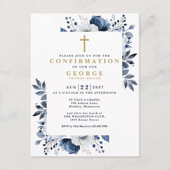 Budget Navy Blue Botanical Modern Confirmation Postkarte (Vorderseite)