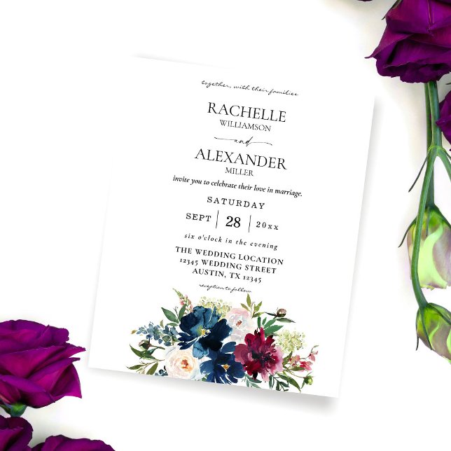 Budget Navy Blue, Burgund & White Floral Wedding Flyer (Von Creator hochgeladen)
