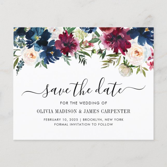 Budget Navy Blue Burgundy Red Floral Save the Date (Vorderseite)
