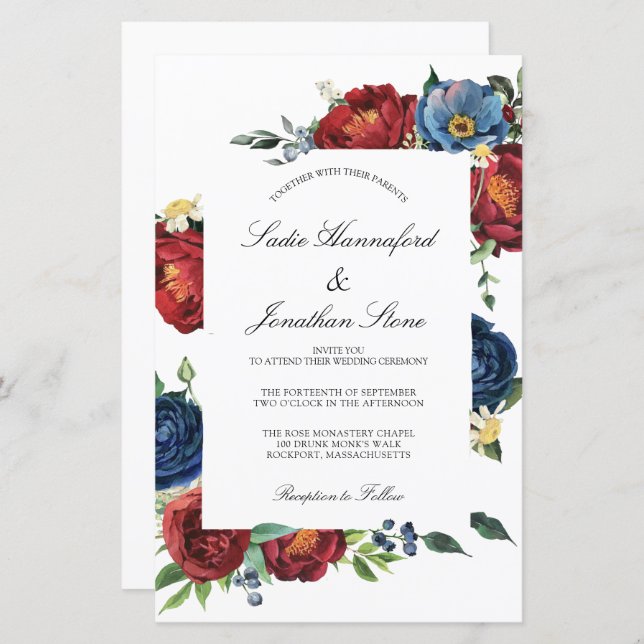 Budget Navy Blue Burgundy Red Wedding Einladung (Vorne/Hinten)