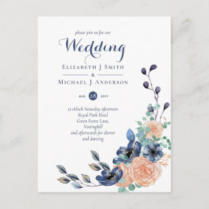 Budget Navy Blue Coral Floral Wedites Postkarte
