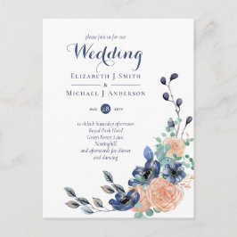 Budget Navy Blue Coral Floral Wedites Postkarte