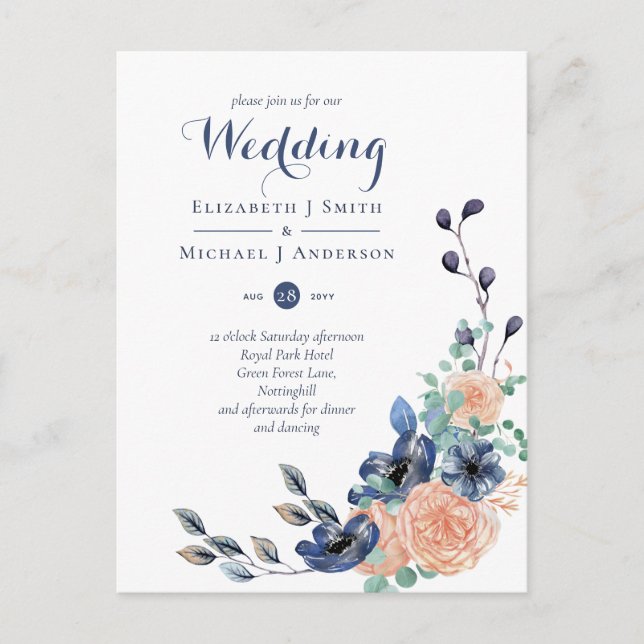 Budget Navy Blue Coral Floral Wedites Postkarte (Vorderseite)