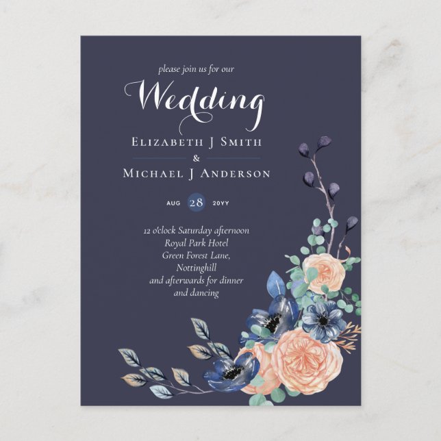 Budget Navy Blue Coral Floral Wedites Postkarte (Vorderseite)