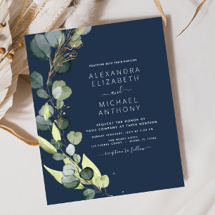 Budget Navy Blue Eucalyptus Wedding Einladungen