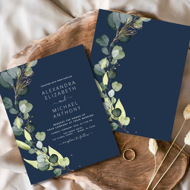 Budget Navy Blue Eucalyptus Wedding Einladungen (Von Creator hochgeladen)