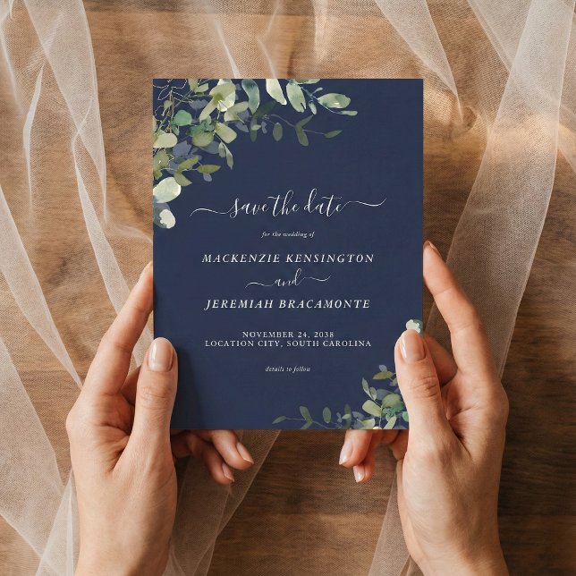 Budget Navy Blue Eucalyptus Wedding Save the Date (Von Creator hochgeladen)