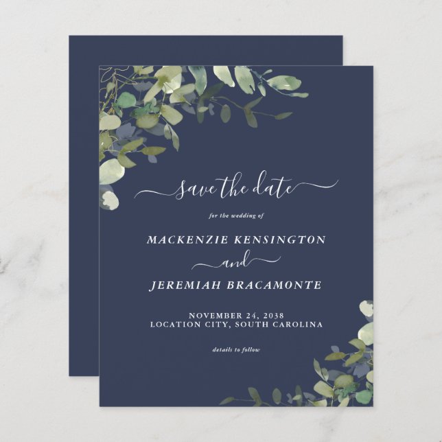 Budget Navy Blue Eucalyptus Wedding Save the Date (Vorne/Hinten)
