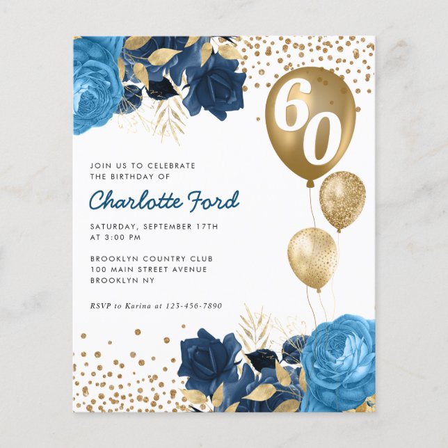 Budget Navy Blue Floral Gold Ballon Geburtstag (Vorderseite)