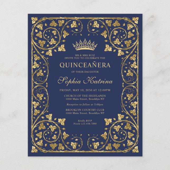 Budget Navy Blue Floral Gold Tiara Quinceanera (Vorderseite)