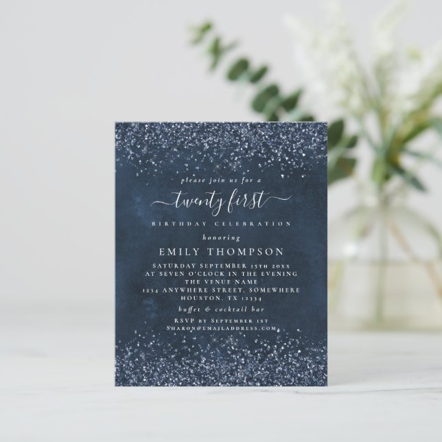 Budget Navy Blue Glitzer Girly 21. Party Einladung (Stehend Vorderseite)