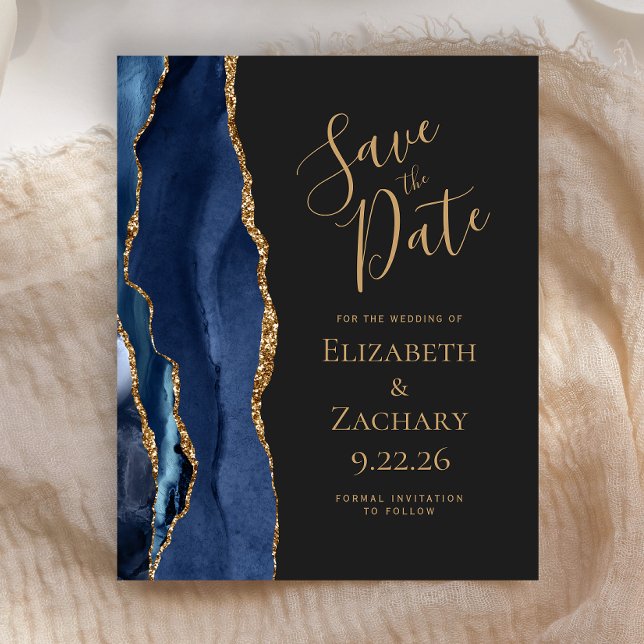 Budget Navy Blue Gold Agate Dark Save the Date (Von Creator hochgeladen)