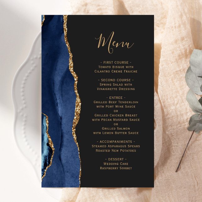Budget Navy Blue Gold Agate Dark Wedding Menü (Von Creator hochgeladen)