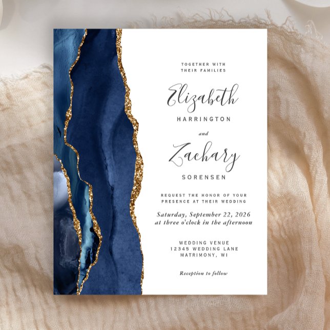 Budget Navy Blue Gold Agate Einladung Hochzeit (Von Creator hochgeladen)