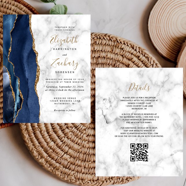 Budget Navy Blue Gold Agate Marble QR Code Hochzei (Von Creator hochgeladen)