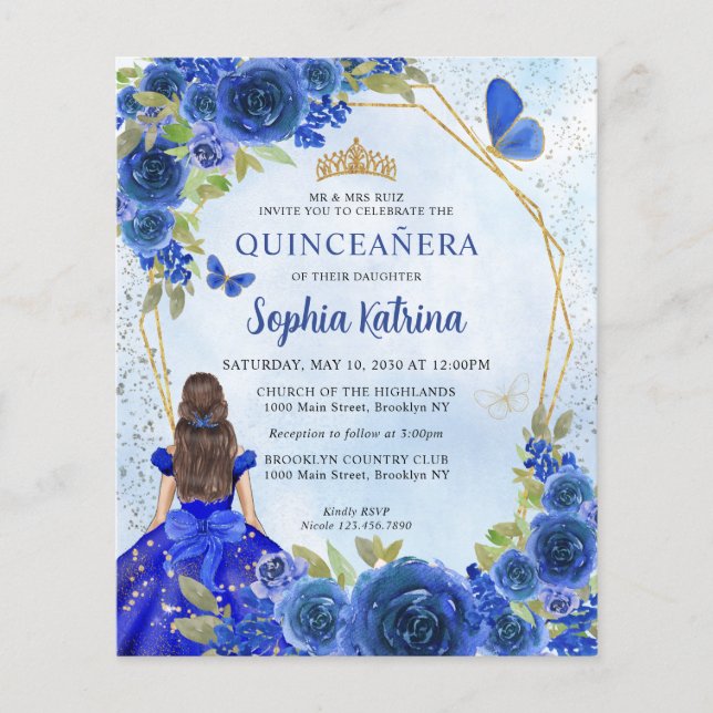Budget Navy Blue Gold Floral Princess Quinceañera (Vorderseite)