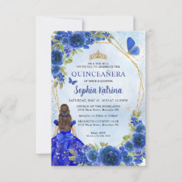Budget Navy Blue Gold Floral Princess Quinceañera Mitteilungskarte
