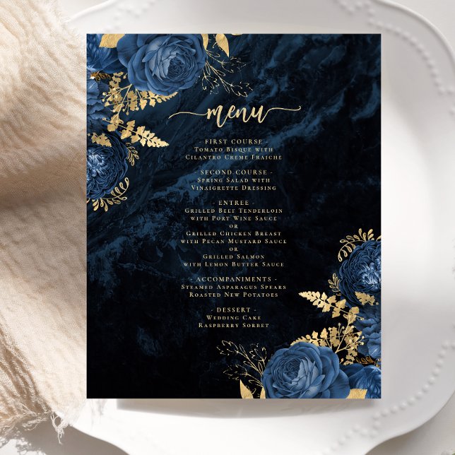Budget Navy Blue Gold Floral Wedding Menü (Von Creator hochgeladen)