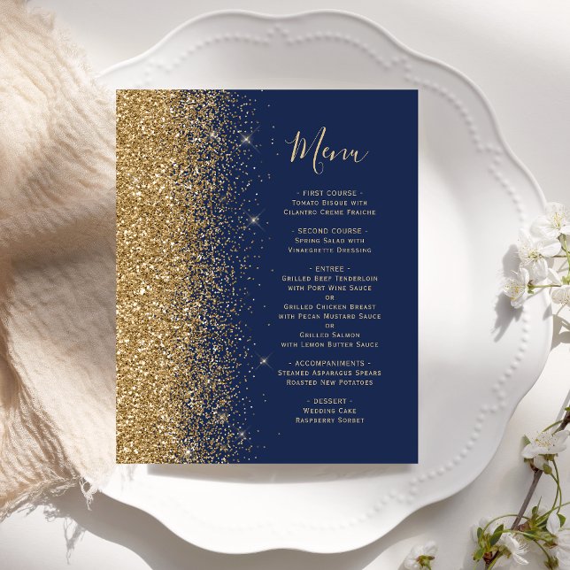 Budget Navy Blue Gold Glitzer Hochzeitmenü (Von Creator hochgeladen)