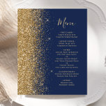 Budget Navy Blue Gold Glitzer Hochzeitmenü<br><div class="desc">Die links Seite dieses eleganten,  modernen Hochzeitsmenüs besticht durch einen vergoldeten Glitzer mit Imitaten. Der anpassbare Text vereint goldfarbene whimsical Handschriftzeichen mit Copperplate-Schriftart auf marinebasischem Hintergrund. Auf der Rückseite ist ein passender Glitzer in Marineblau und Gold gehalten.</div>