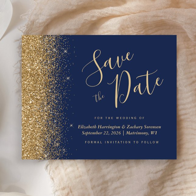 Budget Navy Blue Gold Glitzer Save the Date (Von Creator hochgeladen)