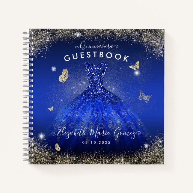 Budget Navy Blue Gold Gown Quinceanera Guestbook Notizbuch (Vorderseite)