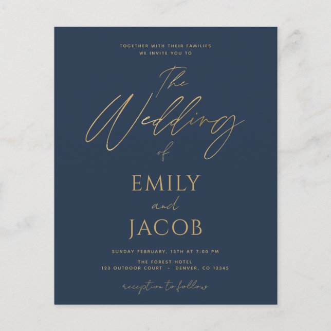 Budget Navy Blue Gold Hochzeit Moderne Flyer (Vorne)