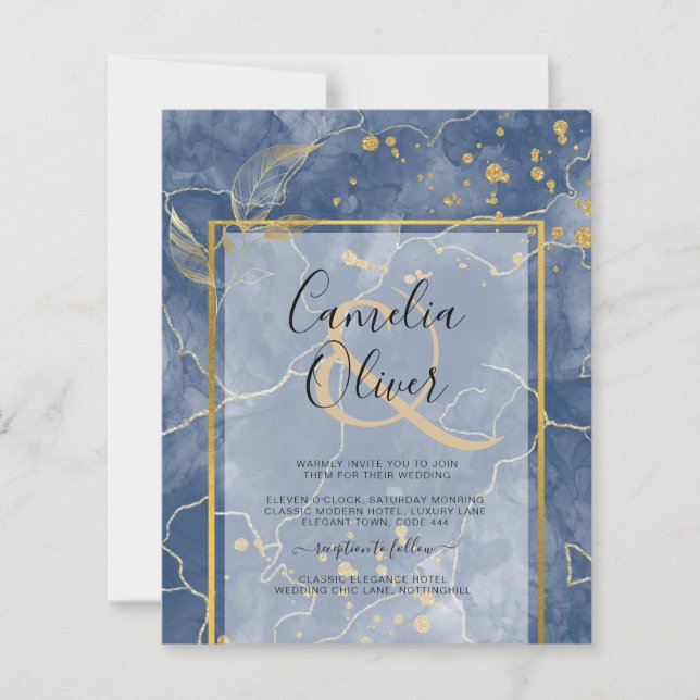BUDGET Navy Blue Gold INK Abstrakte Hochzeit Einla (Vorderseite)