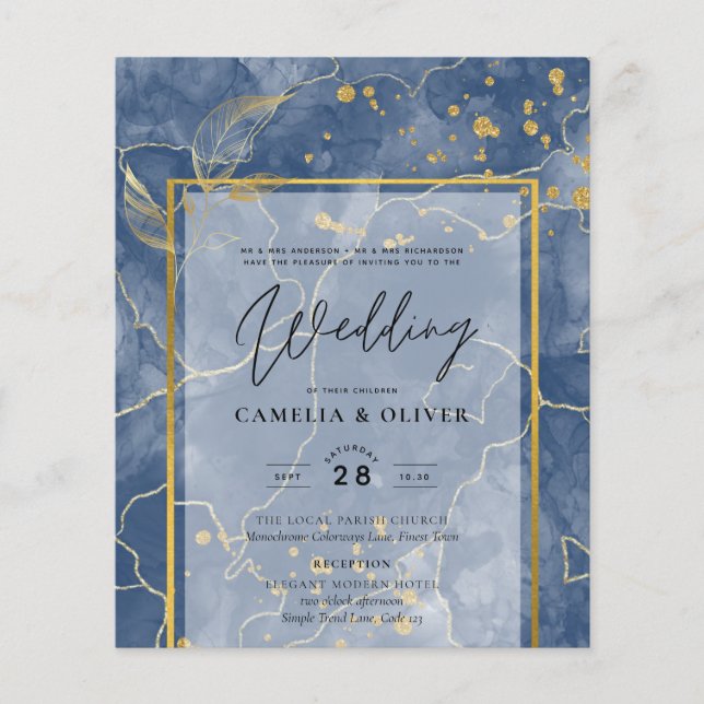 BUDGET Navy Blue Gold INK Abstrakte Hochzeitsreise Flyer (Vorne)