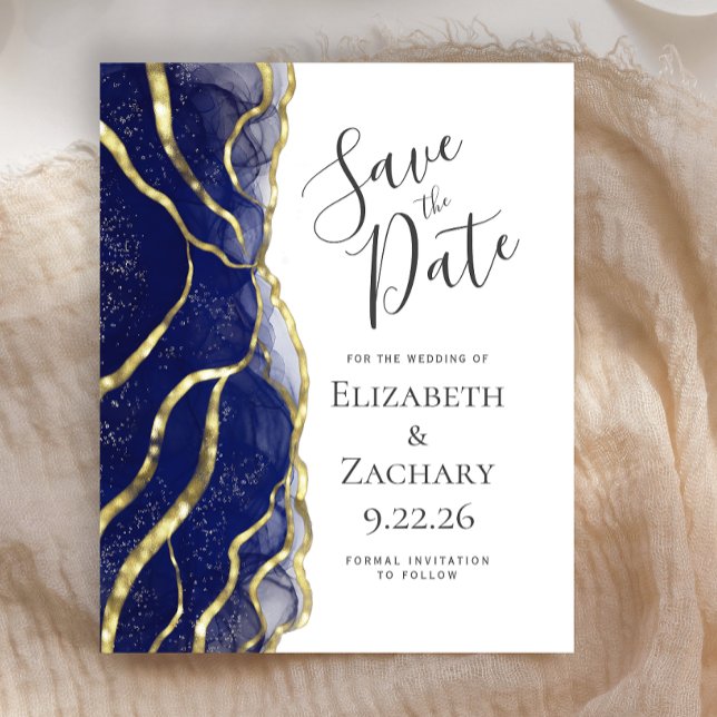 Budget Navy Blue Gold Ink Wedding Save the Date (Von Creator hochgeladen)
