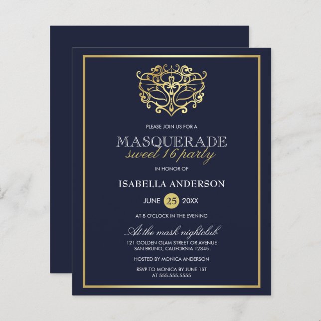 Budget Navy Blue & Gold Masquerade Sweet 16 Party (Vorne/Hinten)