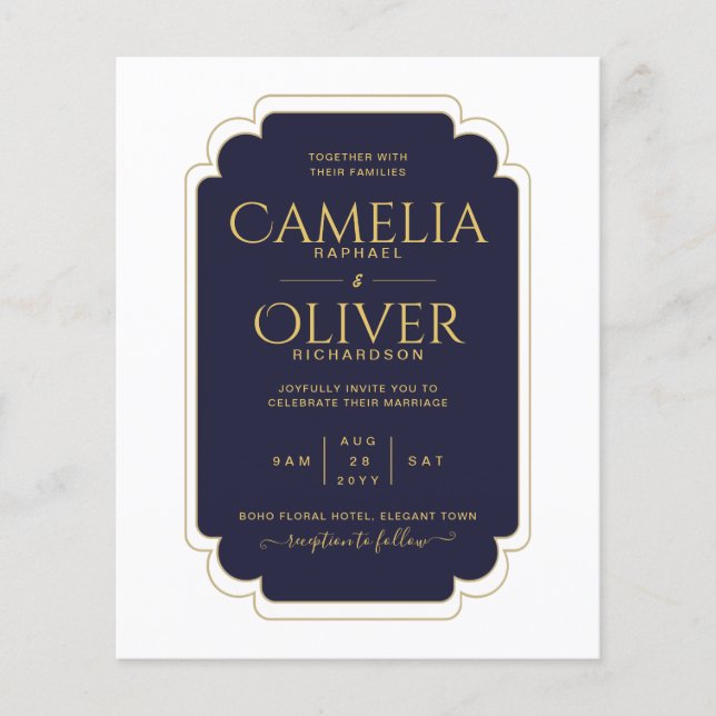 BUDGET Navy Blue Gold MONOCHROME Hochzeitspapier Flyer (Vorne)