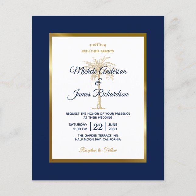 Budget Navy Blue Gold Palm Tree Einladung Hochzeit (Vorderseite)