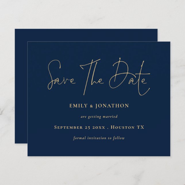 Budget Navy Blue Gold Script Save the Date (Vorne/Hinten)