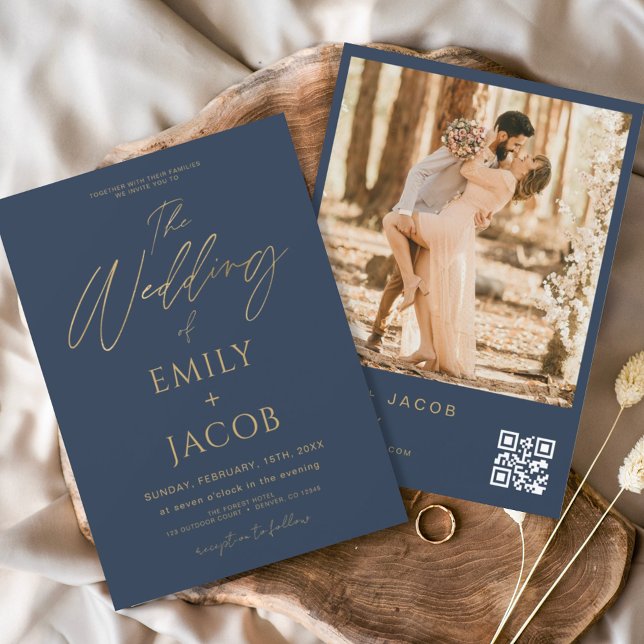 Budget Navy Blue Gold Wedding QR Code Foto Script (Von Creator hochgeladen)