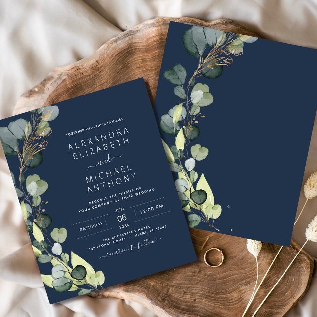 Budget Navy Blue Greenery Eucalyptus Wedding Flyer (Von Creator hochgeladen)