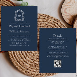 Budget Navy Blue Monogram Wappen QR Code Hochzeit