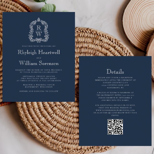 Budget Navy Blue Monogram Wappen QR Code Hochzeit (Von Creator hochgeladen)