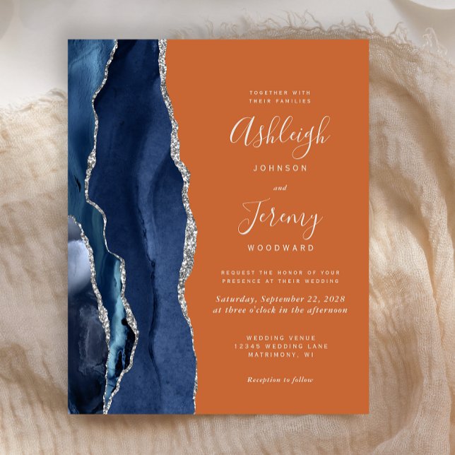 Budget Navy Blue Orange Hochzeitseinladung (Von Creator hochgeladen)