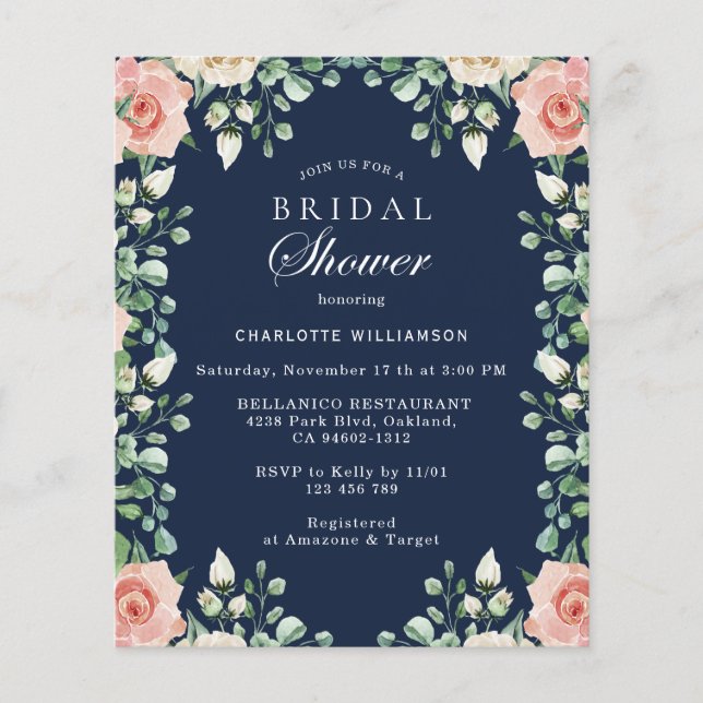 Budget Navy Blue Pink Floral Brautparty Flyer (Vorderseite)