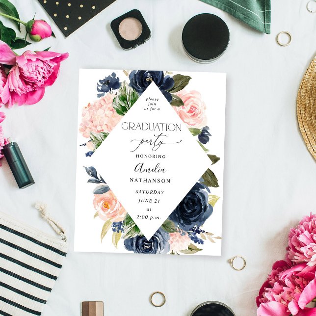 Budget Navy Blue & Pink Floral Graduation Party Flyer (Von Creator hochgeladen)