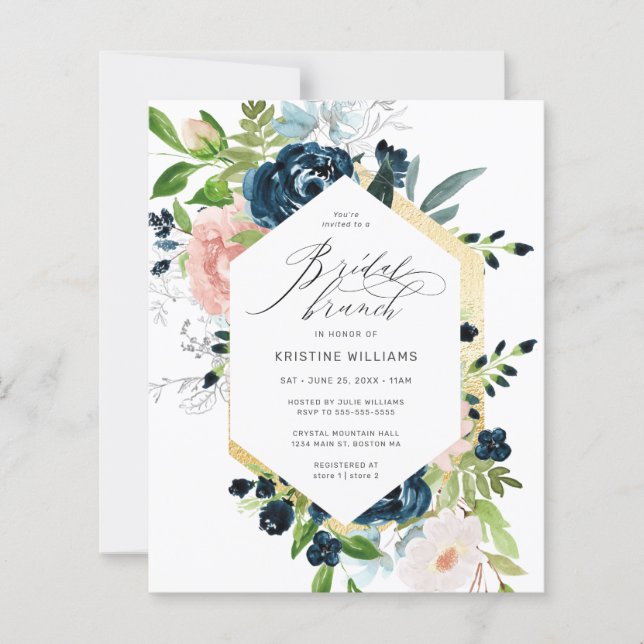 Budget Navy Blue Pink Rose Floral Bridal Brunch (Vorderseite)