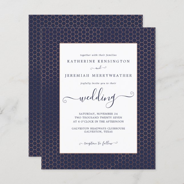 Budget Navy Blue Rose Gold Geometric Wedding (Vorne/Hinten)
