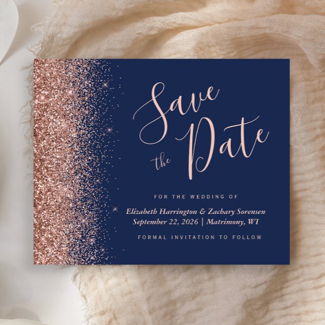 Budget Navy Blue Rose Gold Glitzer Save the Date (Von Creator hochgeladen)