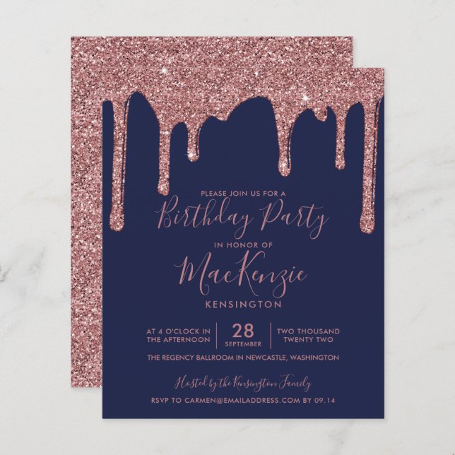 BUDGET Navy Blue Rose Gold Glitzer Tropfen Geburts (Vorne/Hinten)