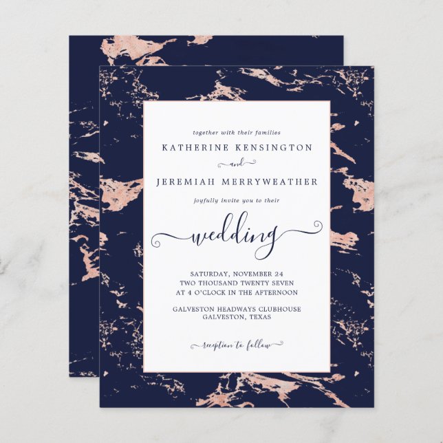 Budget Navy Blue Rose Gold Marmor Hochzeit Einladu (Vorne/Hinten)