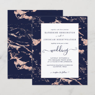 Budget Navy Blue Rose Gold Marmor Hochzeit Einladu