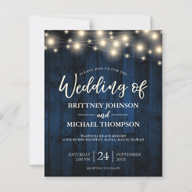 Budget Navy Blue Rustic String Lights Wood einlade (Vorderseite)